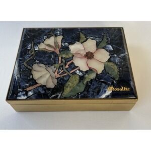 Vintage Mosalite Jewelry Keepsake Box with Brass and Suede Leather Blue Floral
